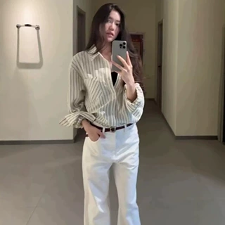 黑白条纹泡泡纱度假风衬衫cleanfit基础休闲上衣微廓短宽秋冬长袖