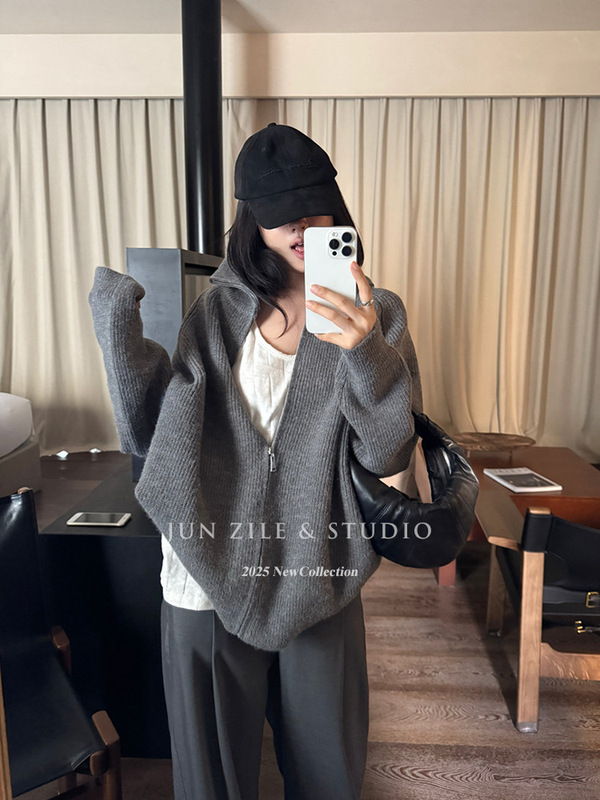 秋装女装高级感简约韩系灰色毛衣外套宽松显瘦高领拉链针织开衫|undefined