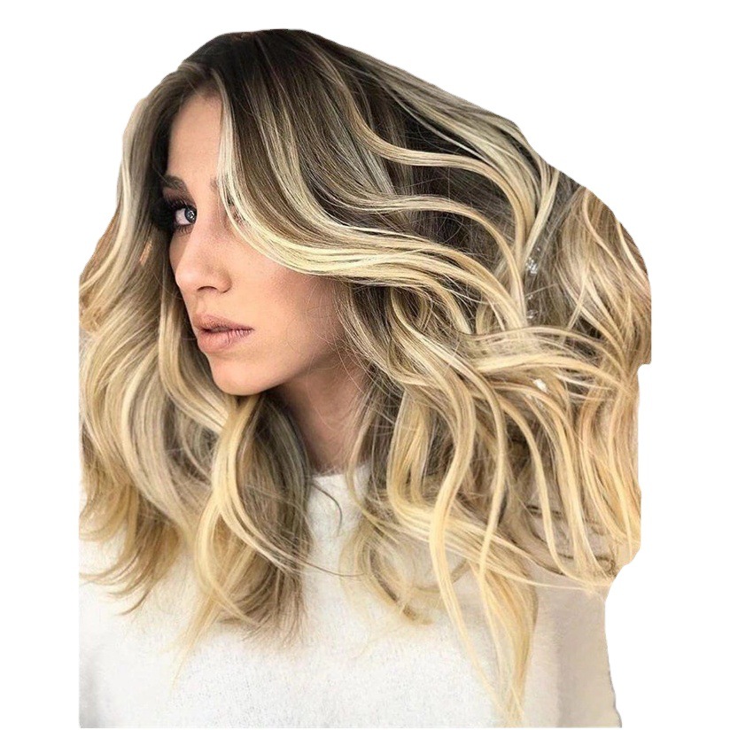 Nuevas pelucas transfronterizas gradiente de color largo pelo rizado hembra gran ola transfronteriza europea y americana peluca cabeza cubierta en stock venta al por mayor