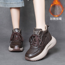 吉树2025秋冬新款头层牛皮高帮运动休闲女鞋真皮手工轻奢加绒棉鞋