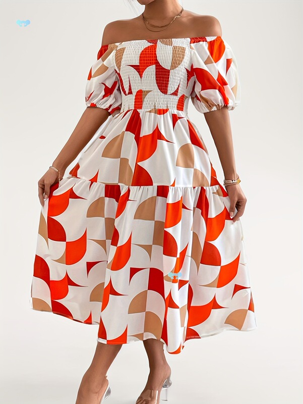 Elegant Geo Print Off Shoulder Shirred Aline Ruffle Dress