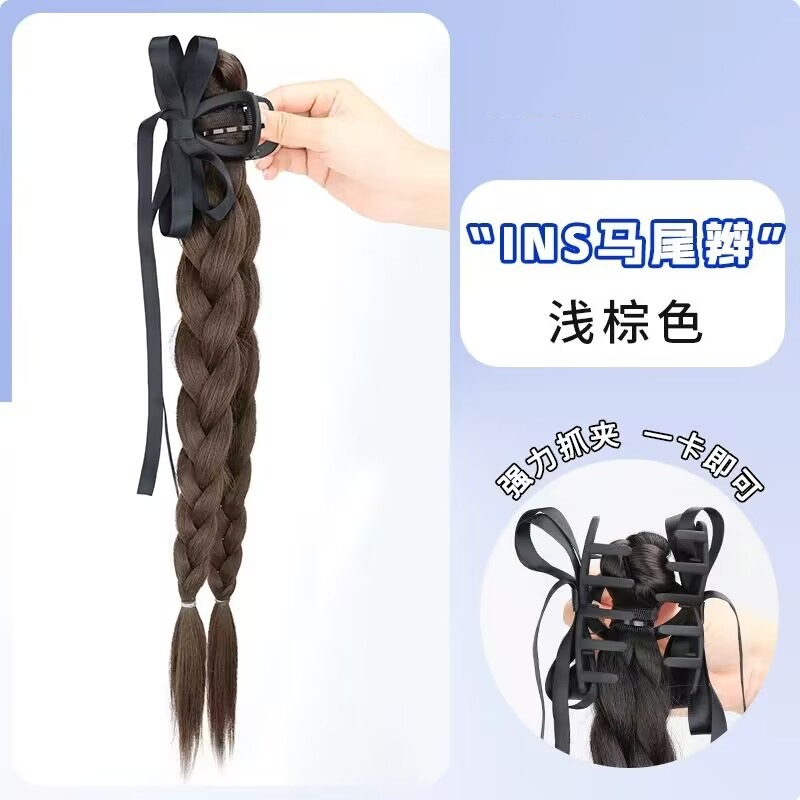 Black five-tooth bow two-strand braid-light brown