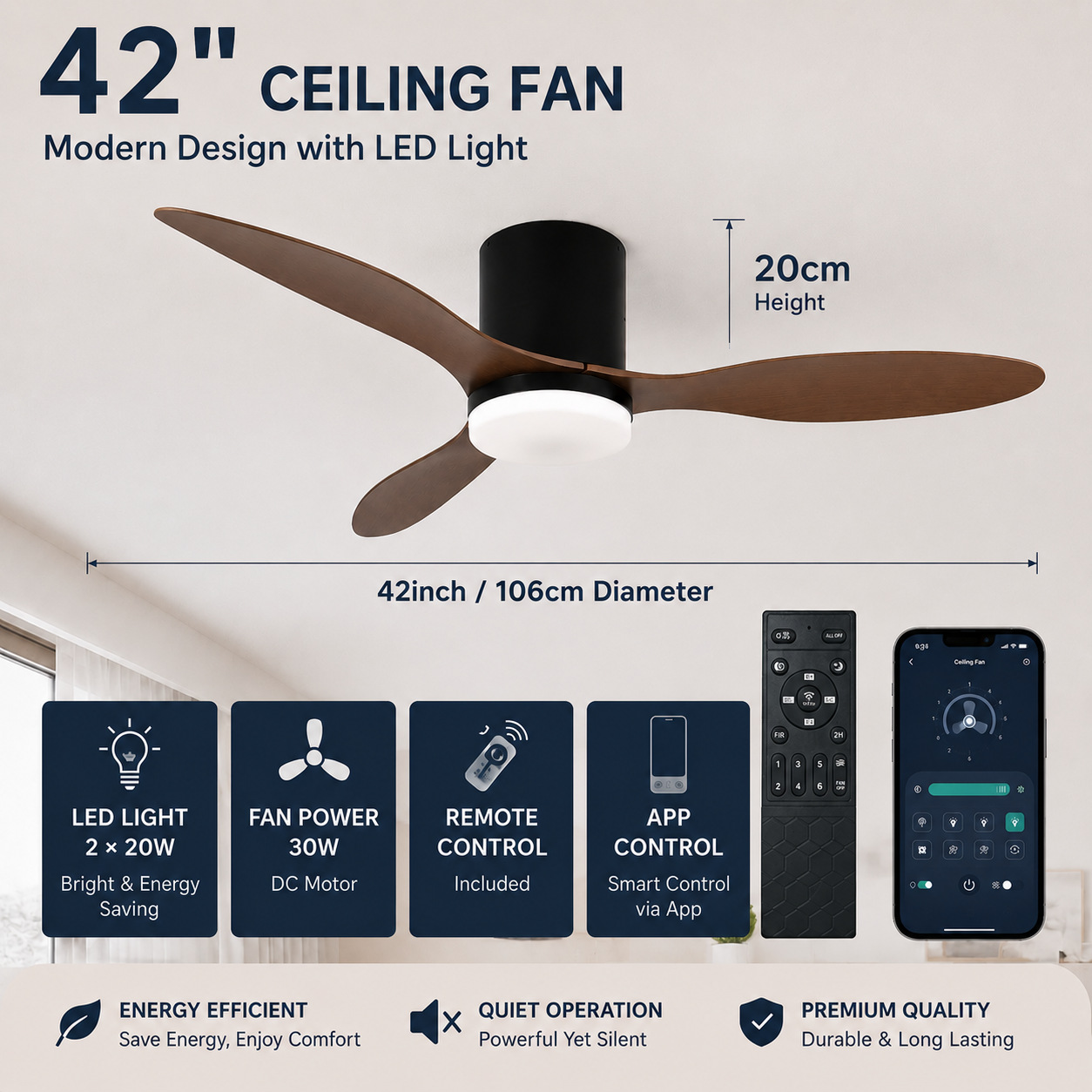 Lámpara Ventilador de Techo Inverter de Plástico ABS Silencioso con Control Remoto para Sala de Estar y Dormitorio