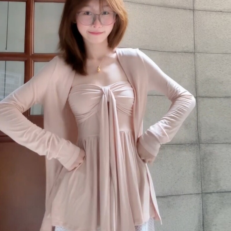 慵懒宽松粉色长袖防晒开衫女夏季套装纯欲飘带抹胸背心上衣两件套|undefined