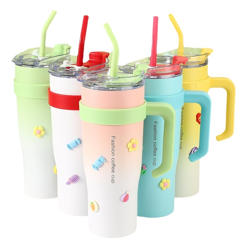 Vaso térmico de 40oz con pajilla y asa, diseño degradado