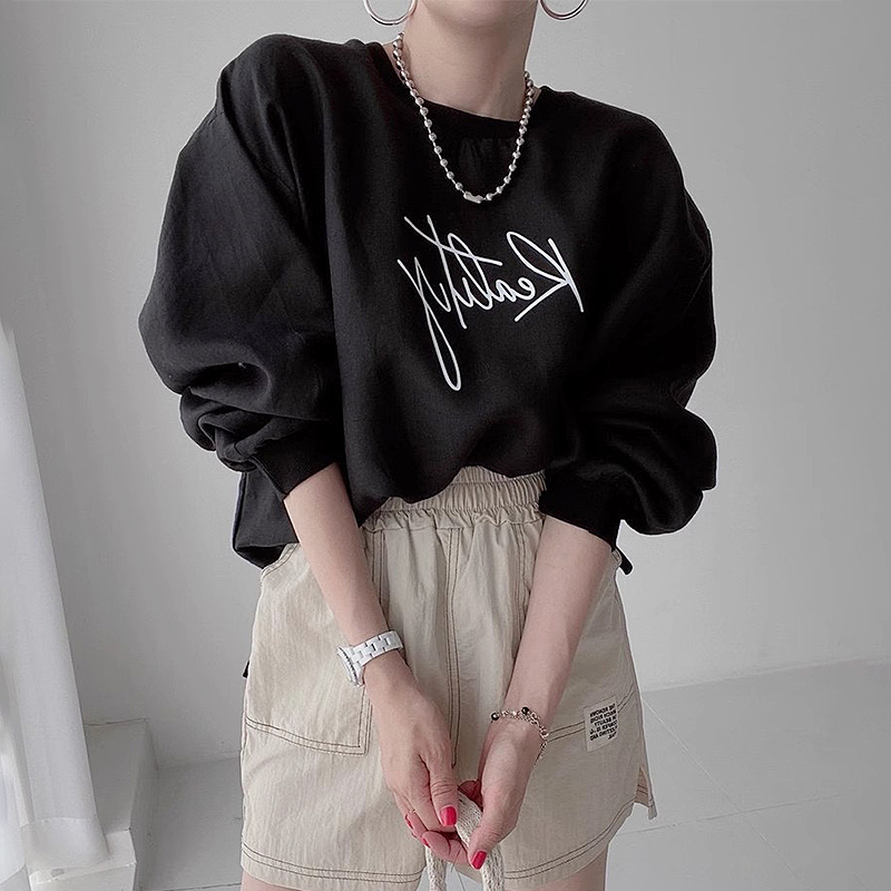 Korean chic autumn retro temperament round neck loose casual versatile creative letter printed long-sleeved sweatshirt top