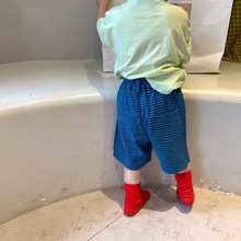 左左王子童装童裤2021夏季新款韩版男女童棉麻格子中裤儿童短裤