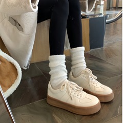牛皮版~葡萄妈同款徳训鞋圆头厚底百搭鞋子系带休闲小白鞋女板鞋
