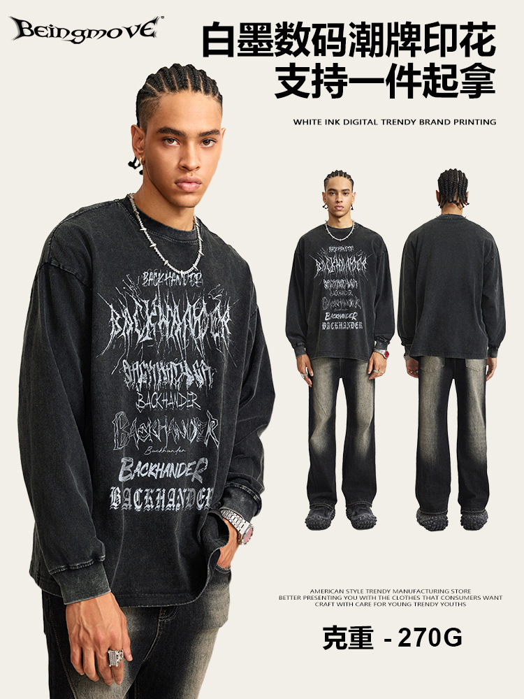 2025 otoño marcas de moda europeas y estadounidenses nicho de calle comprador tiendas sueltas vibe lavado con agua de alta calidad camiseta de manga larga moda masculina