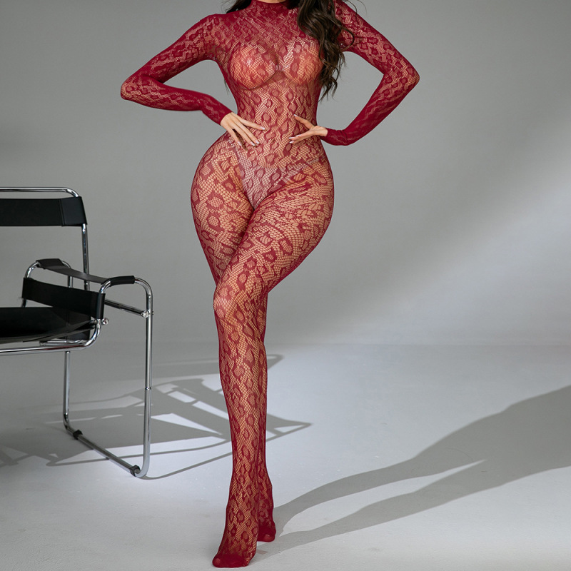 Long-sleeved Transparent Hollow-out Sexy Lingerie wine red Mesh Women's Pantyhose Tight jumpsuit G135
