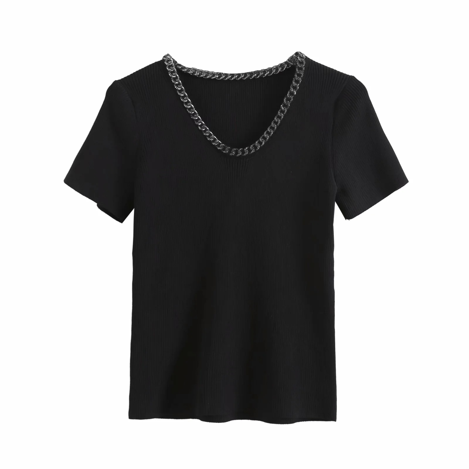 chain short-sleeved V-neck knitted t-shirt NSAC51722