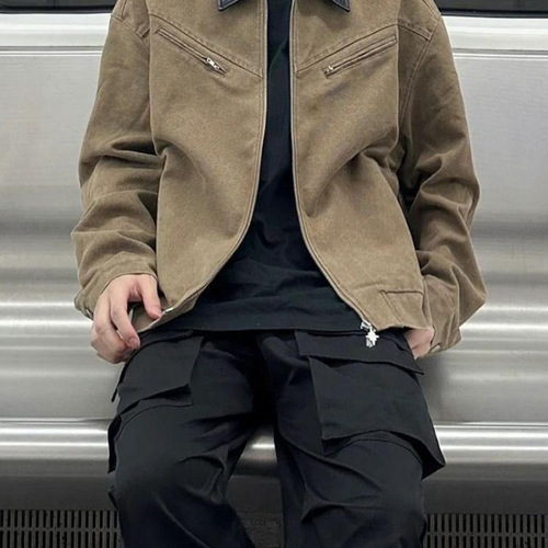 American retro washed lapel work coat for women's new spring style loose design niche men's jacket