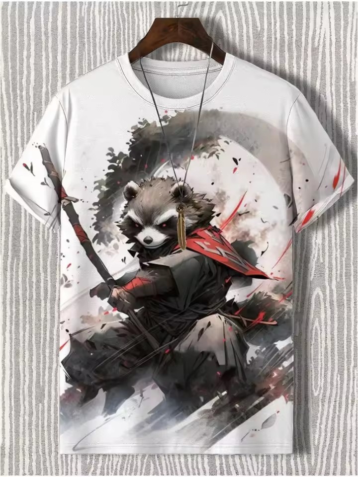 Tinta Jianghu Cat Dog Hero 3D Impresión digital Spot Moda callejera para hombres Camiseta de manga corta con cuello redondo y hombro
