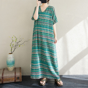 plus size Women's Ethnic A- line Dress chubby girl Slim Belly Covering Long Dress with Floral Floral Vacation Style Lightweight Cotton and Linen Beach Dress