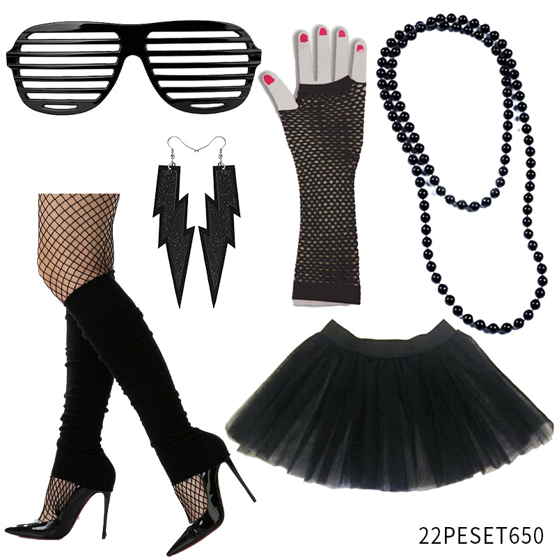 1980s rave fiesta fiesta vestido 80s collar diadema guantes rodilleras brazaletes traje de fiesta