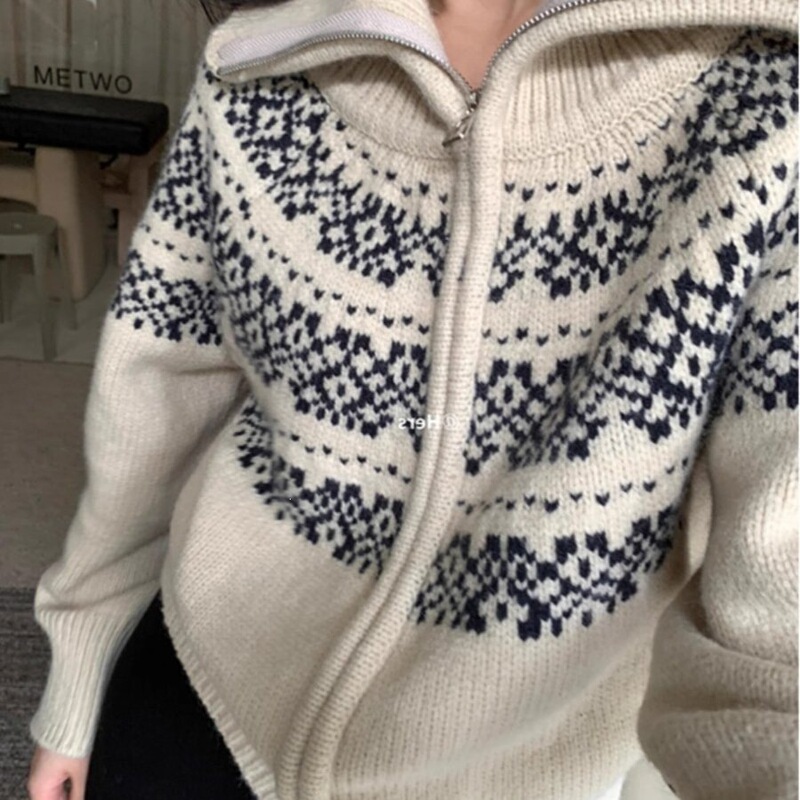 Zippered jacquard knit cardigan, autumn/winter double-faced knit outerwear, women's top with a lapel, Nordic French retro Fair Isle style