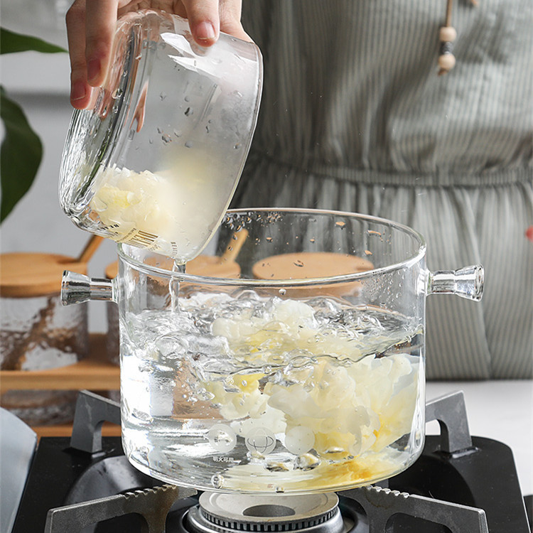 Olla de vidrio borosilicato de doble oreja olla de sopa de vidrio transparente para el hogar olla de guiso de gachas olla de agua hirviendo con tapa olla de fideos