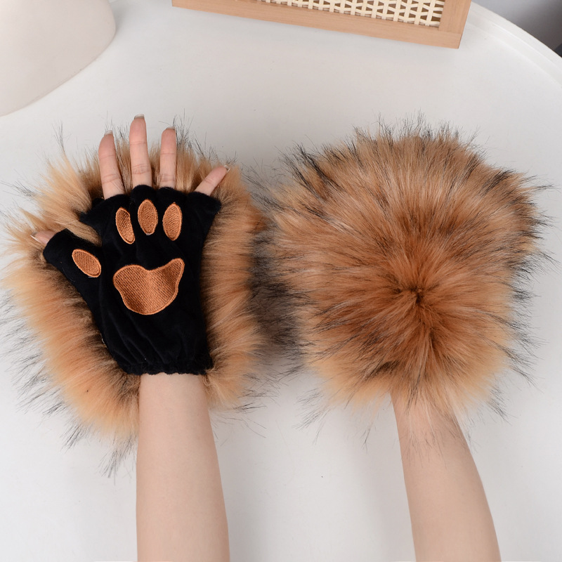 ​Handschuhe aus Kunstpelz mit Tierpfoten – Halloween-Cosplay-Kostümzubehör, warme, winddichte, fingerlose Handschuhe für Damen und Herren​_voghion.com