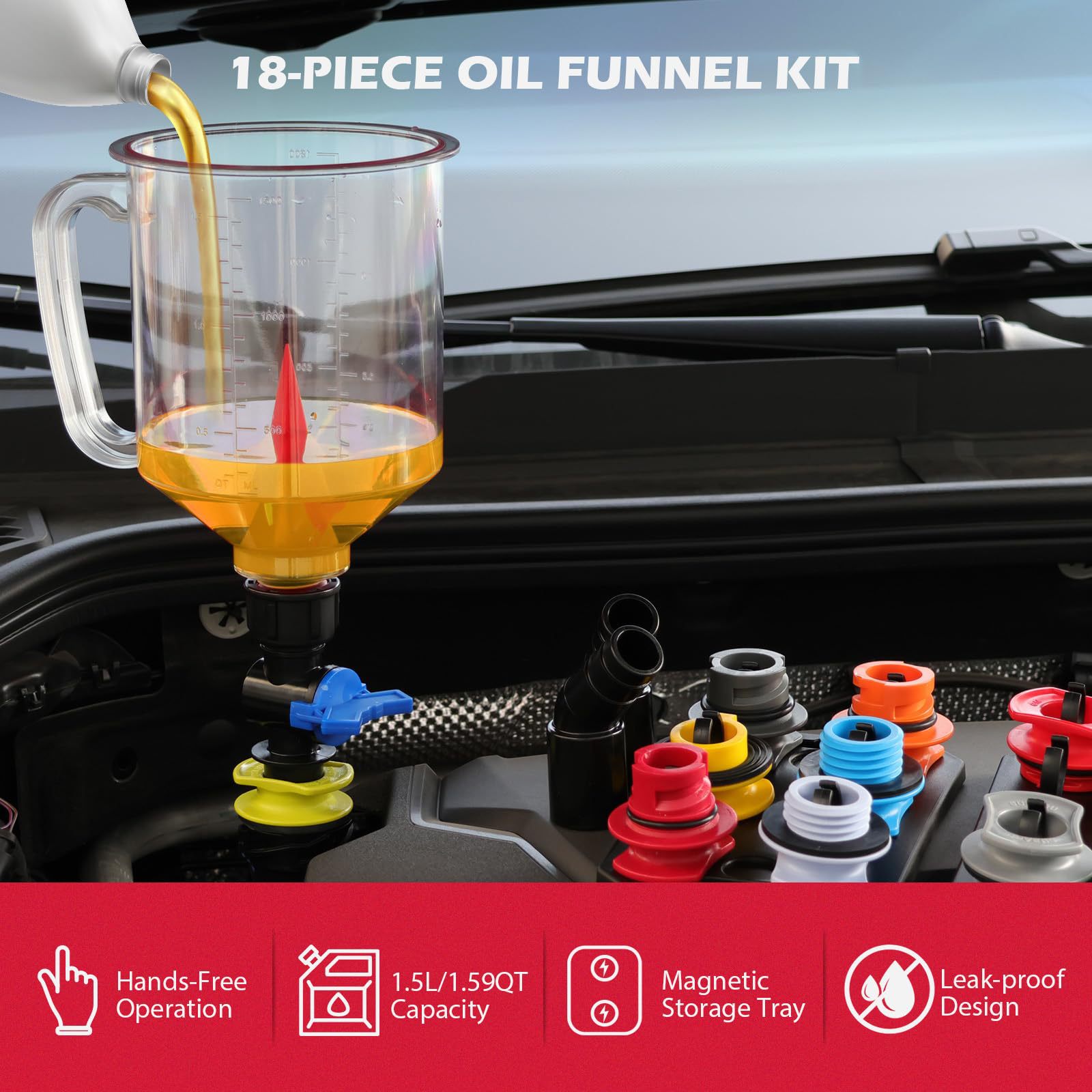 Multifunctional car-specific funnel 18PC for adding oil, gasoline, diesel, and antifreeze, auto repair tool