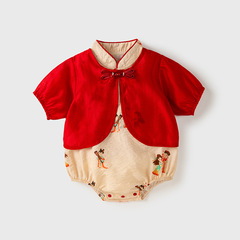 嬰兒衣服女寶寶套裝夏季中國風開衫連體衣新中式旗袍兩件套包屁衣