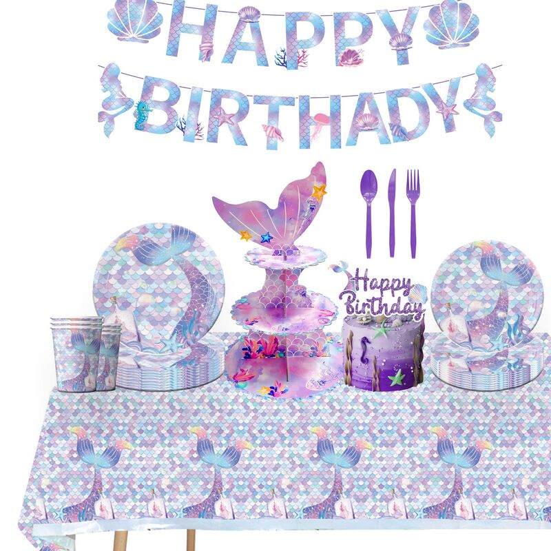 New Purple Mermaid Girl Birthday Party Supplies Fish Scale Pull Flag Paper Towel Tablecloth Paper Plate Tableware Party Decoration