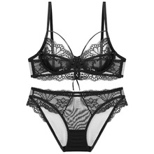 厂家直销新款欧美性感超薄内衣 时尚丝带大胸显小半透视文胸套装