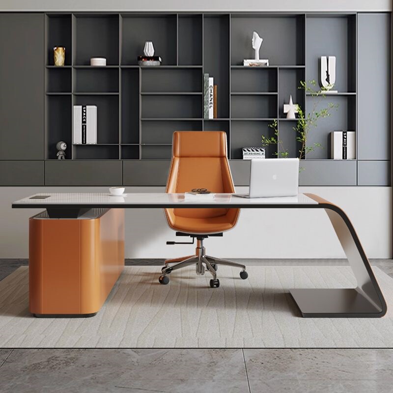 Italian-Style Light Luxury Minimalist Desk, Large Long Executive Desk for Living Room, Corner Solid Wood Office Desk, High-End Designer Computer Desk