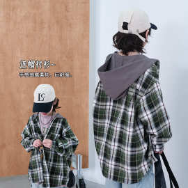 春季男童衬衫大童装儿童男孩春秋格子连帽衬衣上衣休闲薄款外套潮