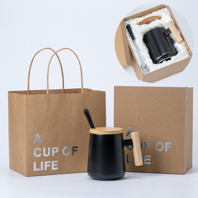 Mango de madera sólida taza de cerámica taza de café taza de agua con tapa cuchara publicidad impresa LOGO regalos