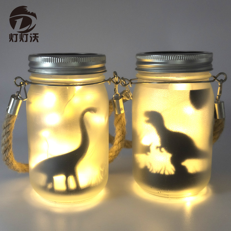 Fairy Elf Mason Jar Lamp Frosted with Pattern Glass Jar Firefly Glass Dinosaur Set Hanging Garden Lamp