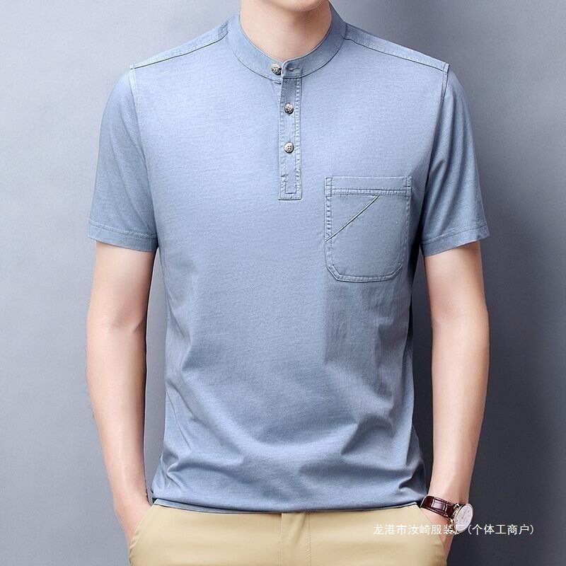 Summer Short-Sleeve Men's T-Shirt with Henry Collar, Real Pockets, Washed Vintage Casual Solid Color Dad Style Summer Short-Sleeve Men's T-Shirt with Henry Collar, Real Pockets, Washed Vintage Casual Solid Color Dad Style