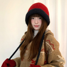 复古日系撞色红色毛线帽女冬季羊驼毛保暖针织护耳帽显脸小帽子