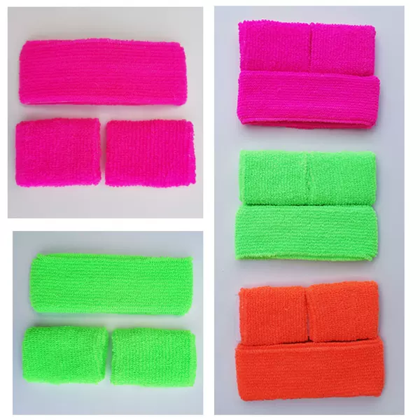 Fluorescent Headband and Wristband Set, Neon-Colored Headband and Wristband, Retro Sports Set, European and American Party 1980S Headscarf