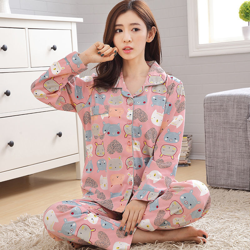 Pijama de estudiante de verano de las mujeres de algodón fino de dos piezas de manga larga más el tamaño de dibujos animados desgaste del hogar de las mujeres de primavera y otoño