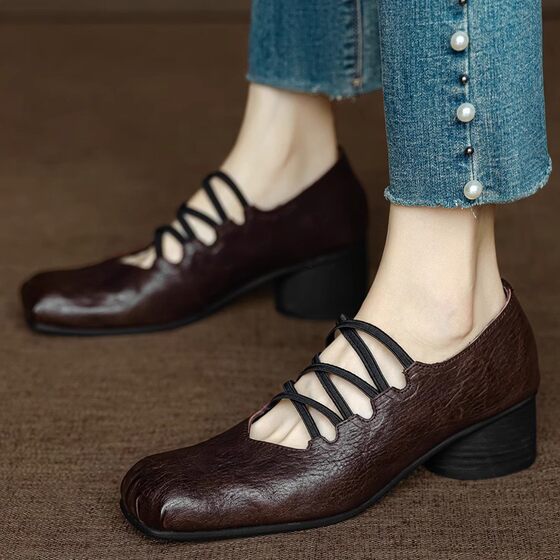 Cowhide Edition ~ Handmade Genuine Leather Maillard Style Pig Nose Medium Thick Heel Mary Jane Shoes Women's Cross Belt Vintage Single Shoes