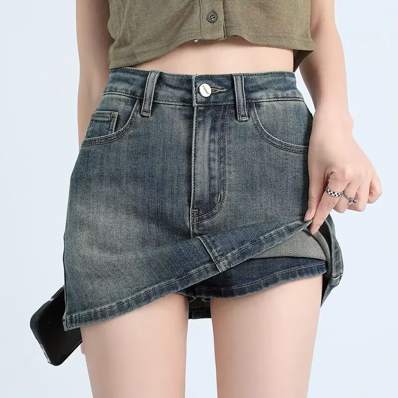 Retro Sexy Denim Skirt for Women 2025 Autumn Large Size Fat mm High Waist Slimming Look Anti-Exposure A-Line Hip-Covering Skirt Retro Sexy Denim Skirt for Women 2025 Autumn Large Size Fat mm High Waist Slimming Look Anti-Exposure A-Line Hip-Covering Skirt