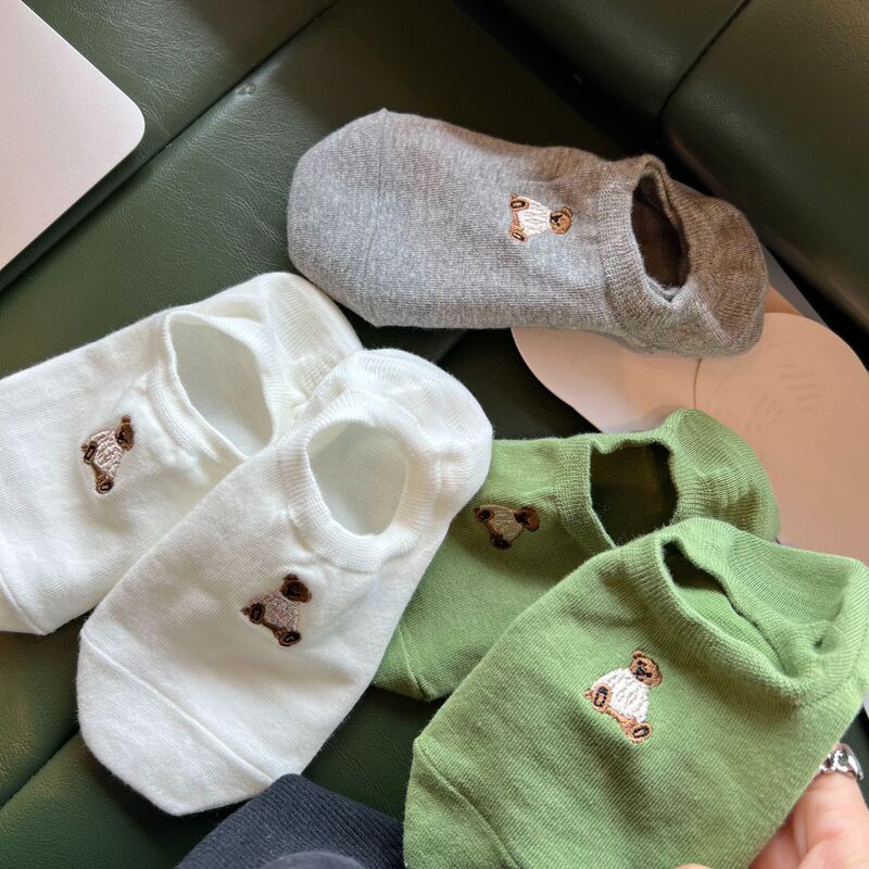 Embroidered Bear Socks Women's Korean-style Boat Socks Summer Non-slip-on-heel Set ins Cute Solid Color Cartoon Socks