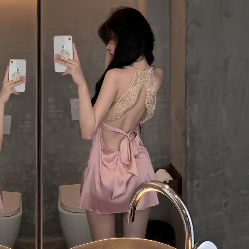 Summer camisole nightgown, sexy new backless style with bow, lace adult home wear Summer camisole nightgown, sexy new backless style with bow, lace adult home wear
