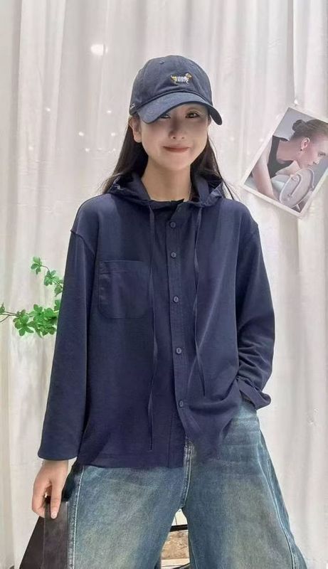 休闲百搭纯色连帽长袖开衫t恤女 2025秋季新款宽松大码衬衣衬衫|undefined