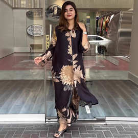 跨境独立站欧美2024春秋女性时尚休闲翻领纽扣印花衬衫长款裤子两