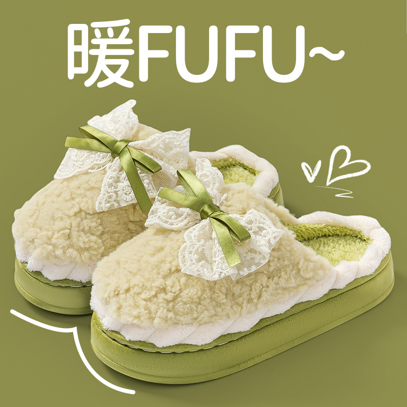蝴蝶结棉拖鞋女秋冬季室内居家用厚底保暖加绒舒适轻便月子毛托鞋