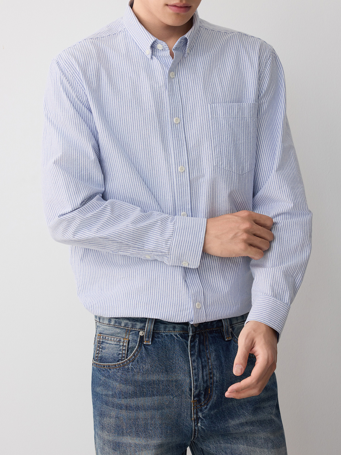 Áo sơ mi nam Oxford sọc xanh dài tay cotton — sọc xanh