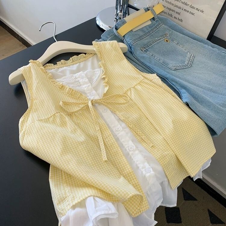 Yellow Plaid Bowknot Faux Two-Piece Design Sleeveless Shirt, Elegant Women's French-Style Dopamine Top Yellow Plaid Bowknot Faux Two-Piece Design Sleeveless Shirt, Elegant Women's French-Style Dopamine Top