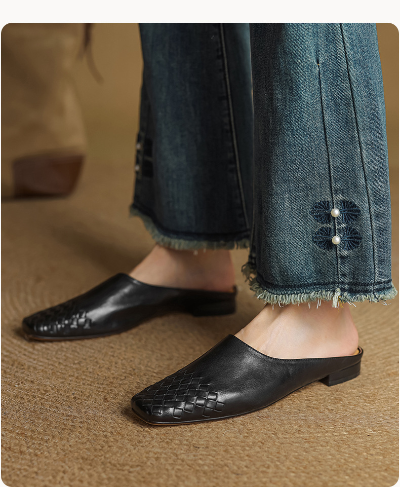 Giày mule nữ da bò mũi vuông miệng nông đế bệt — màu nâu chi tiết 17