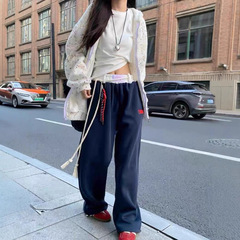 jennie同款小标绑带撞色腰可束脚直筒裤女秋季新款宽松情侣休闲裤