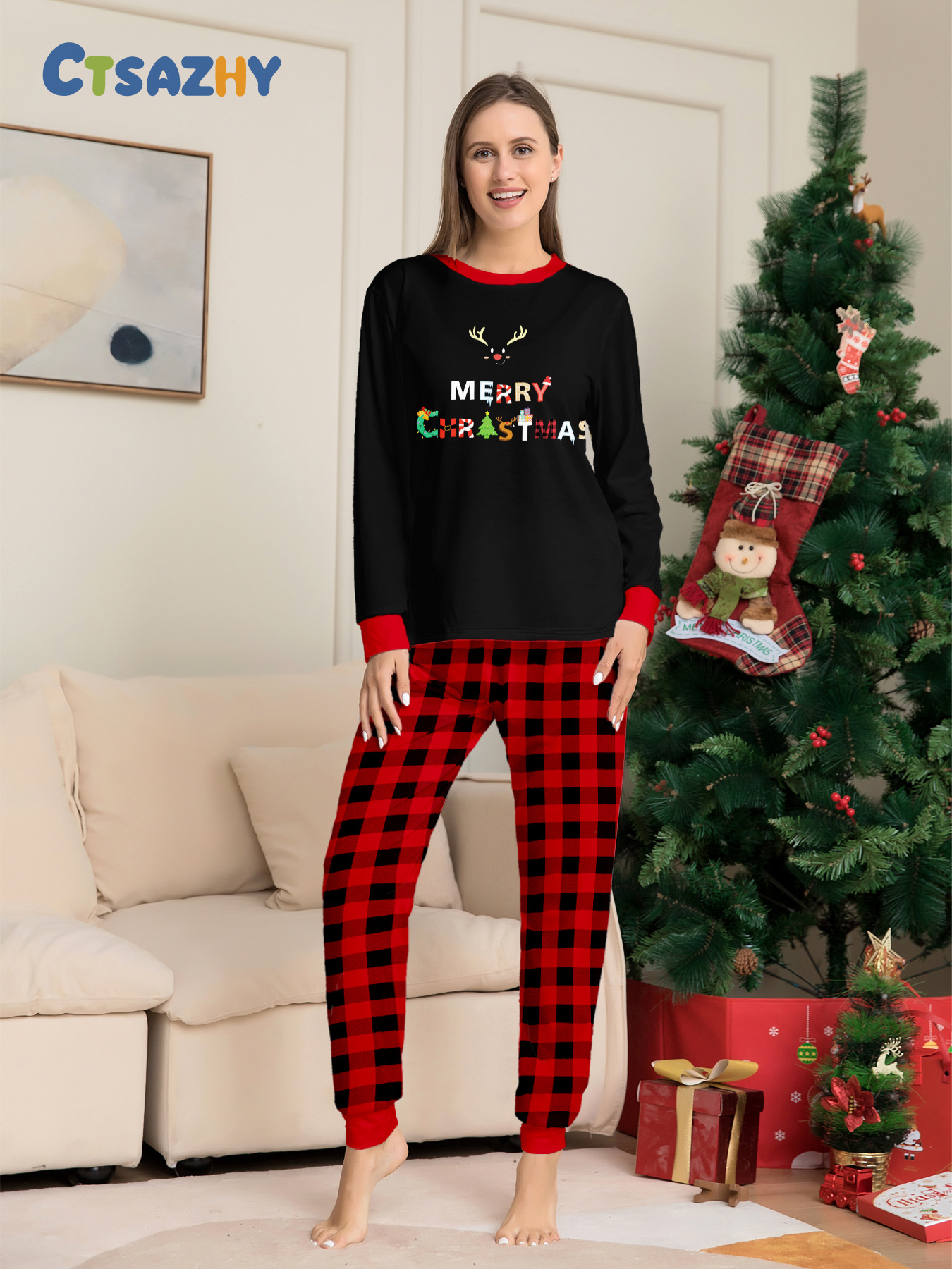 Christmas Christmas deer letter plaid Christmas family print home dress pajamas_voghion.com