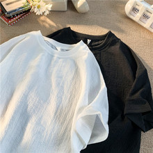 冰丝白色亚麻短袖男T恤夏季薄款透气棉麻七分袖潮牌宽松体袖大码