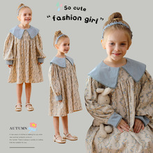 法式花朵撞色翻领气质女童连衣裙2024秋款纯棉长袖花边甜美公主裙