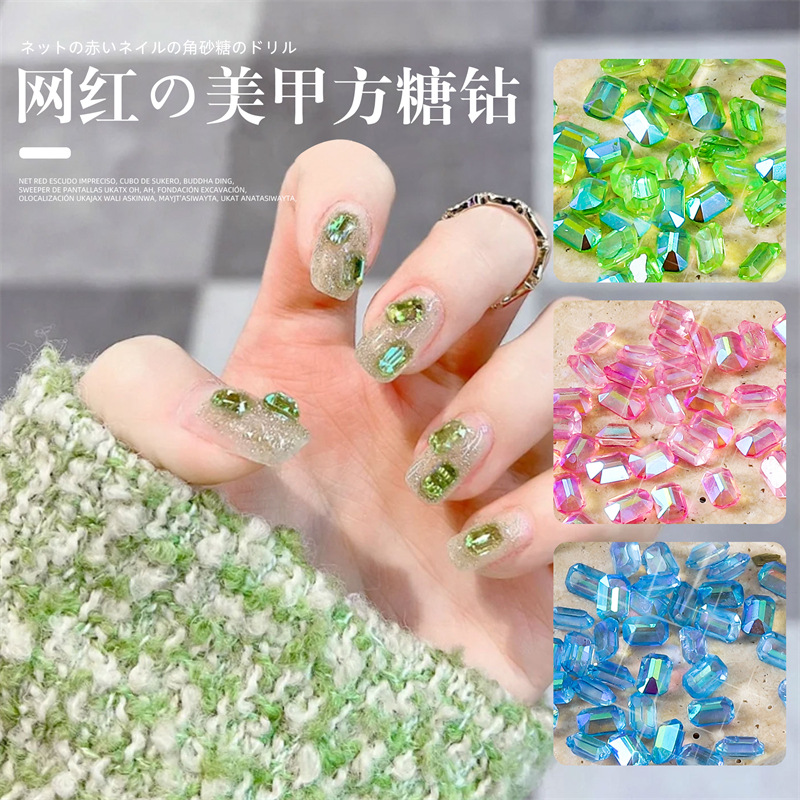 Online Celebrity Nail Candy Diamond Jewelry resina tridimensional Aurora color mágico largo octogonal en forma de diamante de uñas al por mayor 100 piezas