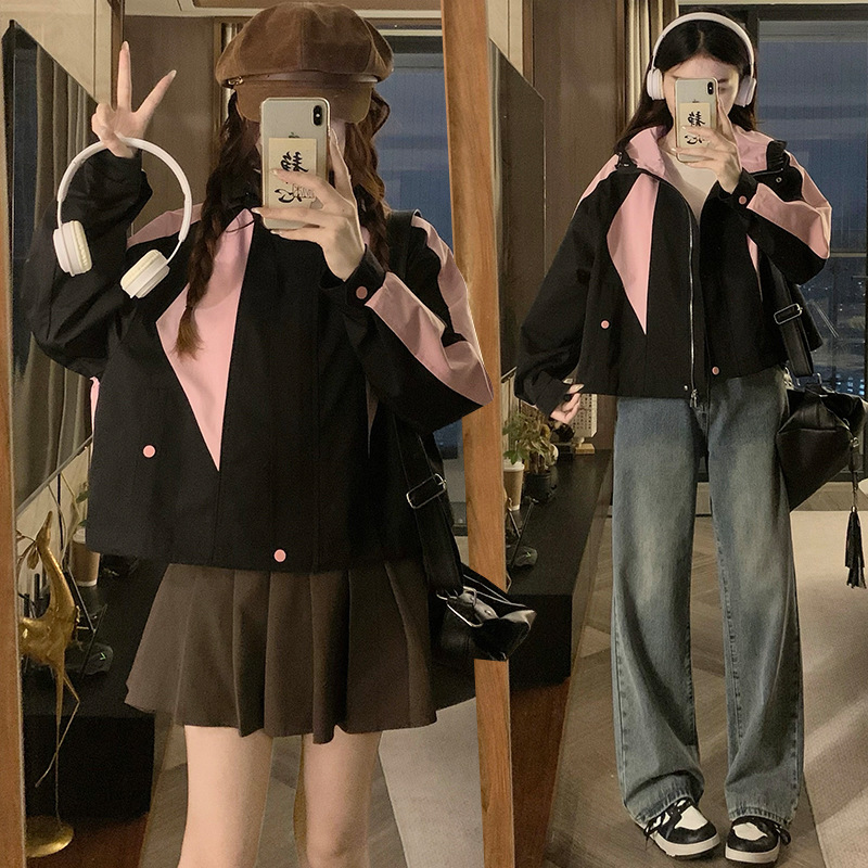 实拍撞色拼接工装短外套新款小个子宽松休闲炸街冲锋衣夹克小个子
